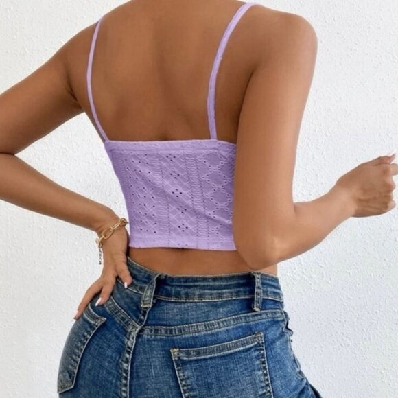 NWOT Shein Lavender Purple Eyelet Lace Tie Front Cami Crop Top Size Small - Picture 4 of 9